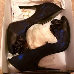 Blue Satin Peep Toe Heels
